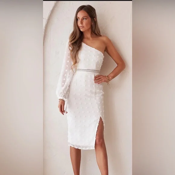 Dresses | Jaus Alira Midi Dress White Length Shortened Wore For Bridal  Shower | Poshmark